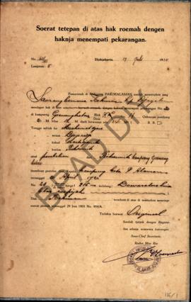 Surat tetapan di atas hak rumah dengan haknya menempati pekarangan dari pemerintah di Kadipaten P...