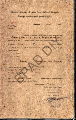 Surat ketetapan di atas hak rumah dengan haknya menempati pekarangan dari Pemerintah di Kadipaten...