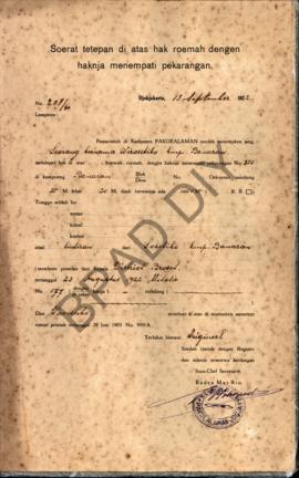 Surat ketetapan di atas hak rumah dengan haknya menempati pekarangan dari Pemerintah  di Kadipate...