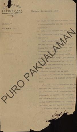 Surat dari Pangeran Adipati Ario Praboe, untuk Resident di Jogjakarta tentang dana tanah pertanian.