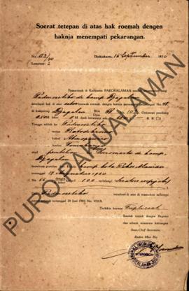 Surat Ketetapan diatas hak rumah dengan haknya menempati pekarangan dari Pemerintah Kadipaten Pak...