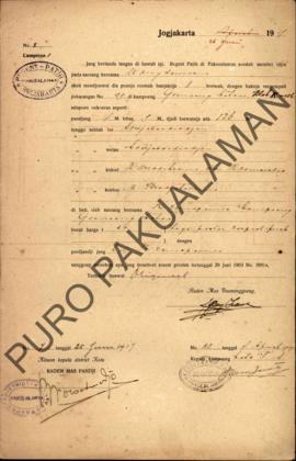 Surat izin dari Regent Patih Pakualaman memberikan izin kepada Wangsawirano di Kampung Gunung Ket...