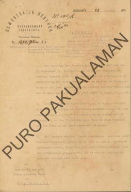 Surat dari Gubernur Yogyakarta kepada Het Hoofd Pakualamsche Huis perihal pendirian Bale Agoeng, ...