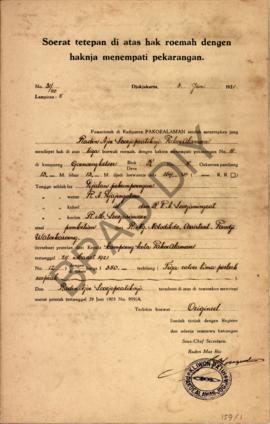 Surat tetapan di atas hak rumah dengan haknya menempati pekarangan dari pamarentah di Kadipaten P...