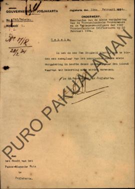 Surat dari  Gubernur Jogjakarta untuk Kepala Pakualaman tentang nota pertemuan ke-40 Raja. Gubern...