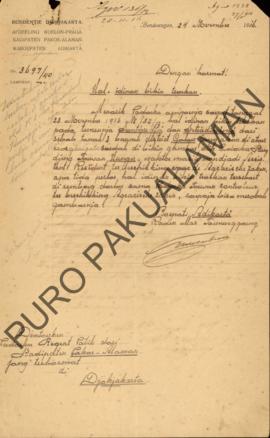 Surat dari Bupati Adikarta Raden Mas Tumenggung kepada Paduka Regent Patih dari Kadipaten Pakuala...