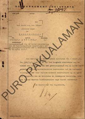 Surat No.466/33/S dari Gubernur Yogyakarta kepada Kepala Pakualaman perihal salinan keterangan pr...