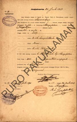Surat izin dari Regent Patih Pakualaman memberikan izin kepada Soerowidjojo di Kampung Margoyasan...