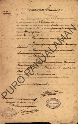 Surat izin dari Regent Patih Pakualaman memberikan izin kepada Martopawiro di Kampung Gunung Ketu...