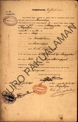 Surat izin dari Regent Patih Pakualaman memberikan izin kepada Kromodirjo di Kampung Margoyasan y...