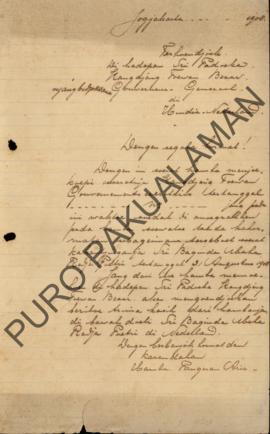 Konsep Surat dari Pangeran Ario, kepada Gubernur Jenderal Hindia Belanda, perihal ucapan terima k...