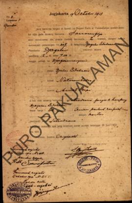 Surat izin dari Regent Patih Pakualaman memberikan izin kepada Soerosendjojo di Kampung Jagalan L...