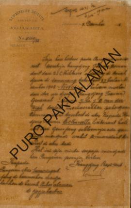 Surat kepada Pangeran Aryo Sosronongrat dari Kanjeng Resident. Surat tanggal # Desember 1902 tent...