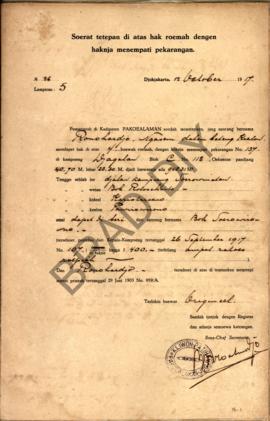 Surat ketetapan tanah di atas hak rumah dengan haknya menempati pekarangan dari Pemerintah di Kad...