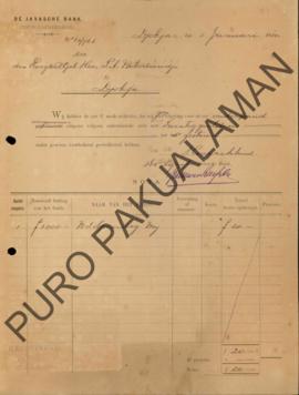 Surat dari Agen Bank Jawa kepada Kepala Pakualaman P.A. Notodierodjo No.82/768, perihal tagihan g...