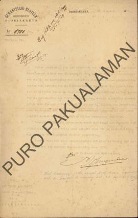 Surat dari Residen Yogyakarta kepada Het Hoofd Pakoe Alamsche Huis, perihal anggaran Pakualaman y...
