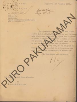 Surat dari Gubernur Jogjakarta untuk Het Hoofd Pakualamsche Huis di Jogjakarta tentang agenda Kon...