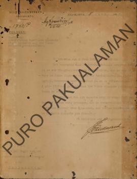 Surat dari Sulanaatswerken, kepada Regent Patih Pakualaman perihal kontribusi Negri Paku Alam unt...