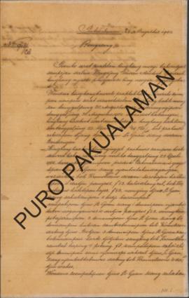 Pemerintah Pakualaman kepada Resident Yogyakarta. Surat tanggal 26 Agustus 1902 tentang Jual beli...