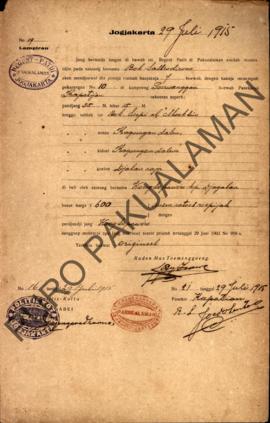 Surat izin dari Regent Patih Pakualaman memberikan izin kepada Bok Sastradirono di Kampung Purwan...