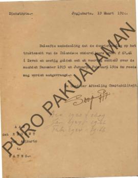 Surat /berkas memorandum dari Kepala Bagian Keungan yang ditujukan kepada Regent Adikarto perihal...