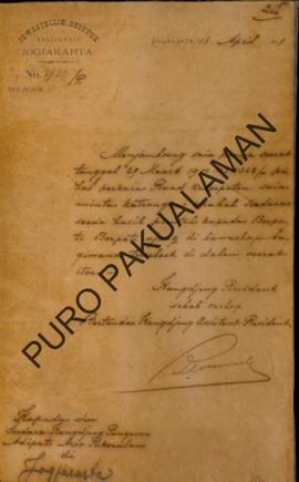 Surat Dari Resident di Yogyakarta kepada Pakualaman tanggal 14 April 1901 tentang permintaan kete...