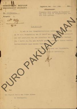 Surat dari Sekretaris Daerah atas nama Gubernur Yogyakarta kepada Bupati Patih Pakualaman di Yogy...