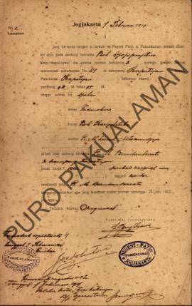 Surat izin dari Regent Patih Pakualaman memberikan izin kepada Bok Djojoprajitno di Kampung Kapat...
