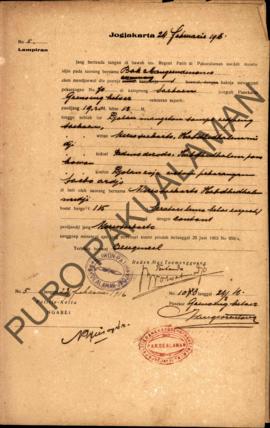 Surat izin dari Regent Patih Pakualaman memberikan izin kepada Bok Mangoendinamo yang akan menjua...