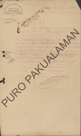 Surat dari Bupati Adikarto yang ditujukan kepada Kangjeng Gusti Pakualam perihal rumah Griyo Kler...
