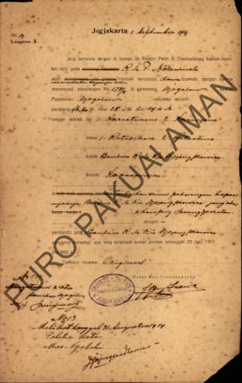 Surat izin dari Regent Patih Pakualaman memberikan izin kepada Raden Mas Pandji Natowinato di Kam...