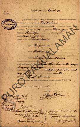 Surat izin dari Regent Patih Pakualaman memberikan izin kepada Bok Wirotaroeno di Kampung Purwang...