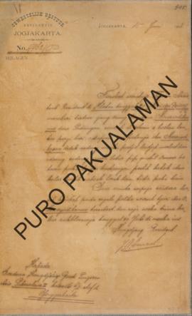 Resident kepada Pakualaman VI. Surat tanggal 15 Juni 191 tentang Resident di Klaten mencari tahan...