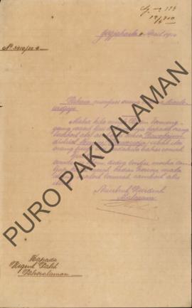 Surat No.3410/35a dari Assistant Resident Mataram kepada Regent Patih Pakualaman, mencari orang y...