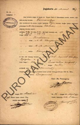 Surat izin dari Regent Patih Pakualaman memberikan izin kepada Tomowidjojo yang akan menjual ruma...