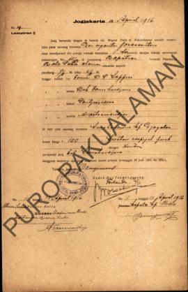 Surat izin dari Regent Patih Pakualaman memberikan izin kepada Den Nganten Yoedasentano yang akan...