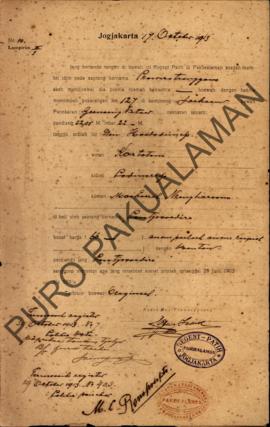Surat izin dari Regent Patih Pakualaman memberikan izin kepada Prawira Tranggano yang akan menjua...