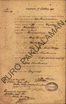 Surat izin dari Regent Patih Pakualaman memberikan izin kepada Bok Prawiro Soearmo di Kampung Kap...