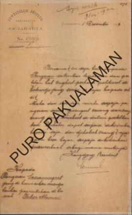 Surat kepada Pangeran Ario Sossoningrat dari Kanjeng Resident tanggal 5 Desember 1902 tentang Lap...