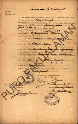 Surat dari Regent Patih Pakualaman memberikan izin kepada Soerodikardjo Kampung Gunung Ketur yang...