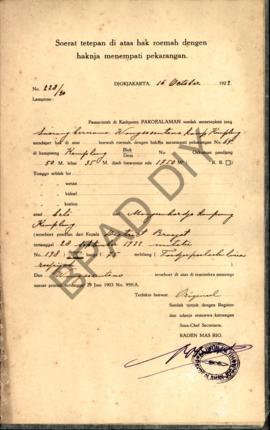 Surat ketetapan di atas hak rumah dengan haknya menempati pekarangan dari Pemerintah di Kadipaten...