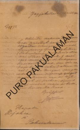 Resident kepada Jaksa di Pakualaman. Surat tanggal 29 April 1902 diharapkan Raden Nganten Permadi...