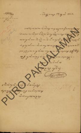 Surat pemberitahuan perihal Raden Mas Pratama yang mengambil selir bernama Den Rara Sampir, Putri...