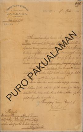 Resident kepada Pakualaman IV surat tanggal 4 Juli 1901 tentang Pencarian Bekel Tawikrama ( Bekel...