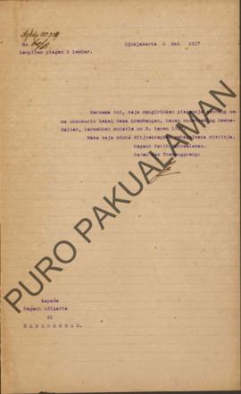 Surat No.60/B dari Regent Patih Pakualaman Raden Mas Tumenggung kepada Regent Adikarta di Bendung...