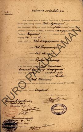 Surat izin dari Regent Patih Pakualaman memberikan izin kepada Bok Ngadinem di Kampung Margoyasan...