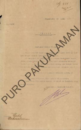 Surat dari Assistant – Resident Mataram kepada Regent Patih Pakualaman, perkara: kecu sragen bahw...