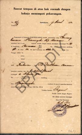 Surat ketetapan di atas hak rumah dengan haknya menempati pekarangan dari Pamarentah di Kadipaten...