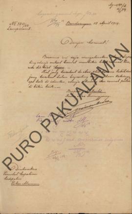 Surat dari Bupati Adikarta Raden Mas Tumenggung diaturkan kepada Pemerintah Kepatian Kadipaten Pa...