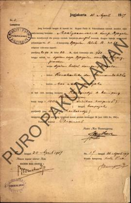 Surat izin dari Regent Patih Pakualaman memberikan izin kepada Moaljosoeromo Kampung Jagalan Blok...